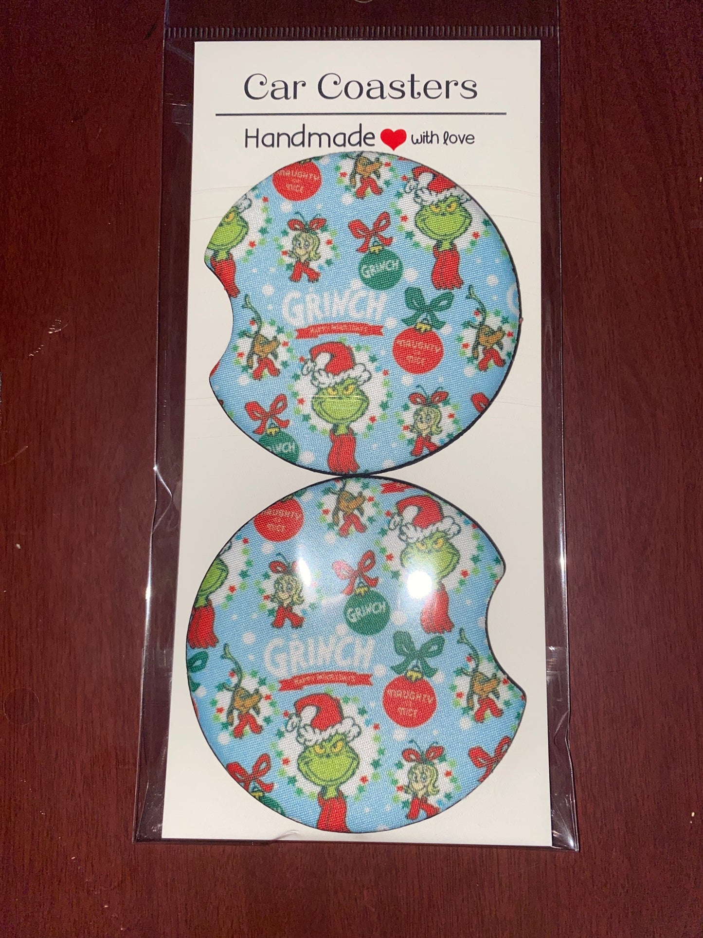 Green Christmas Print Car Coaster Set