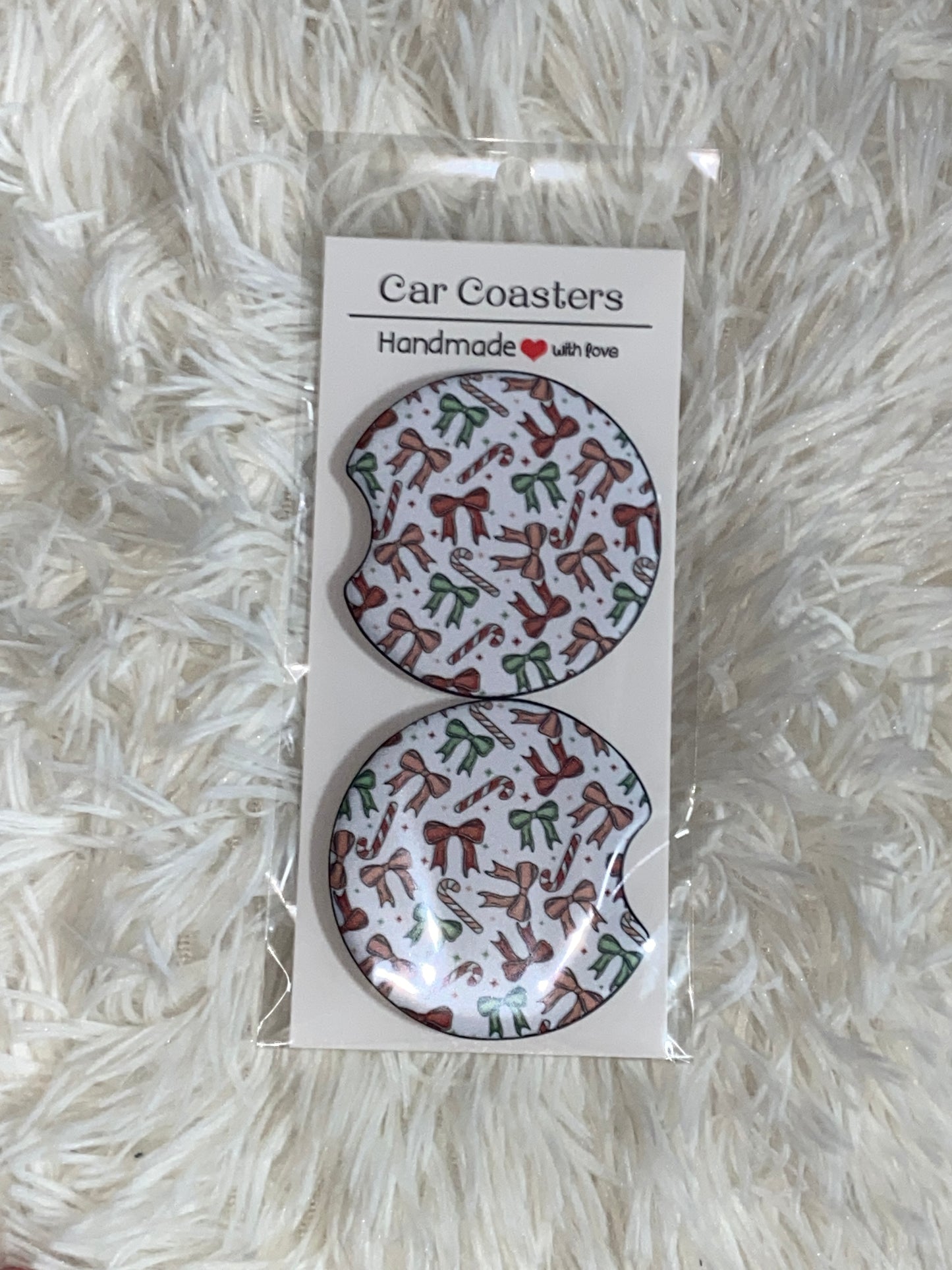 Candy Cane Bow Print Car Coaster Set