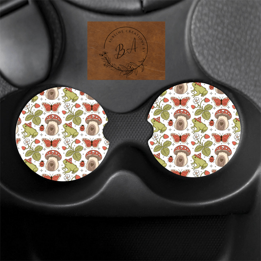 Mushroom/Frog Print Car Coaster Set