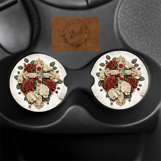 Cross Roses Print Car Coaster Set