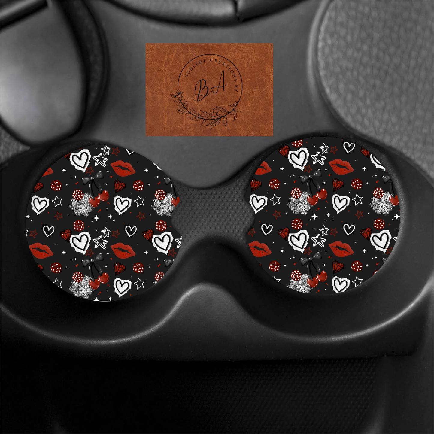 Cherry Lips Print Car Coaster Set