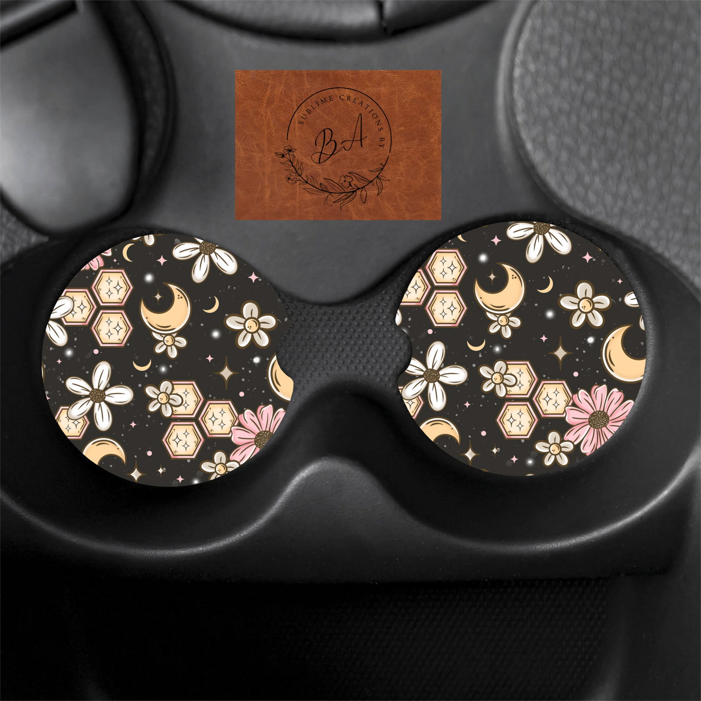 Floral Honeycomb Print Car Coaster Set