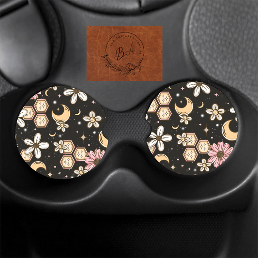 Floral Honeycomb Print Car Coaster Set