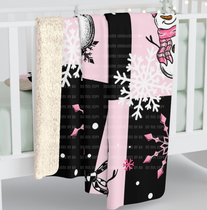 Pink Snowman Sherpa Blanket, Velveteen Plush Blanket