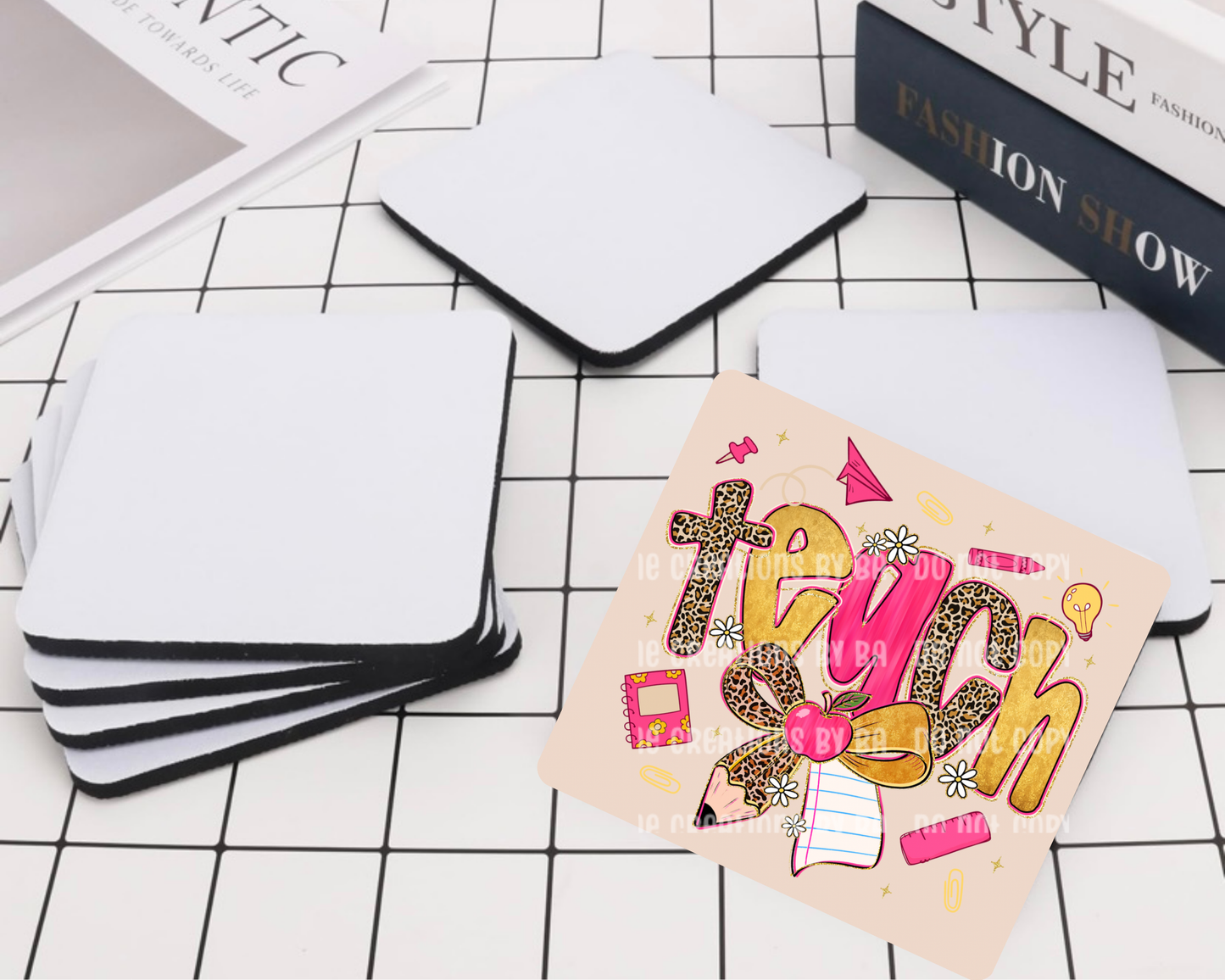 Preppy Leopard TEACH Desk Coaster