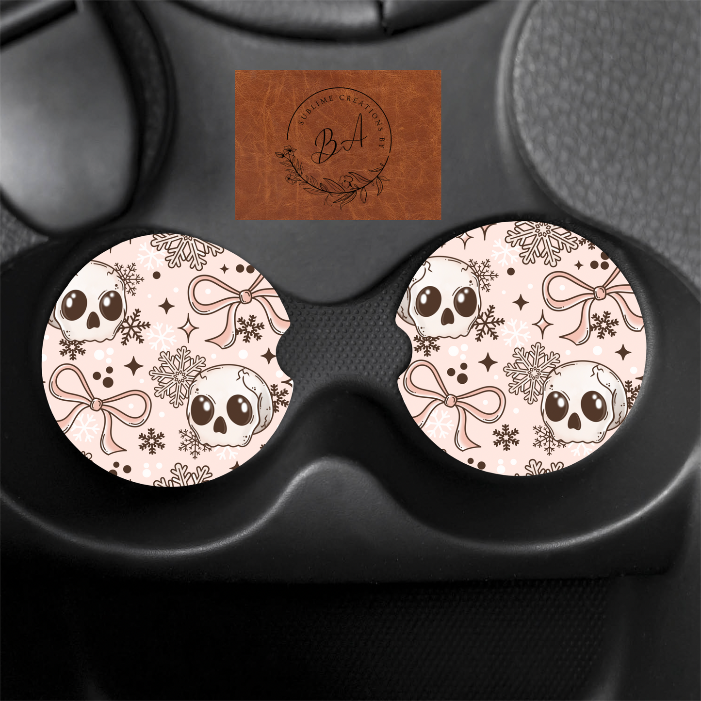 Boho Winter Skellies Print Car Coaster Set