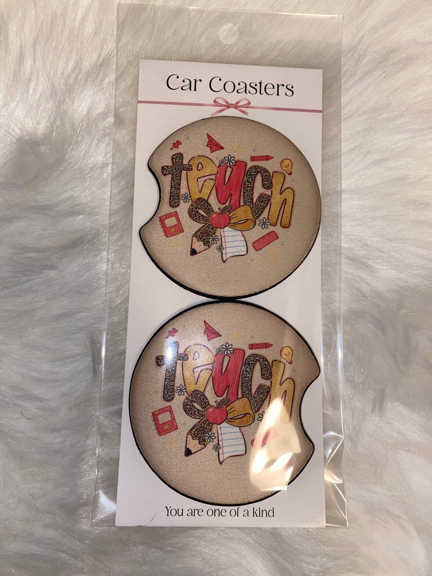 Preppy Leopard TEACH Print Car Coaster Set