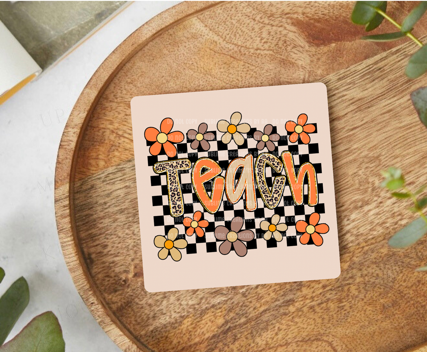 Preppy Floral Checkered TEACH Desk Coaster