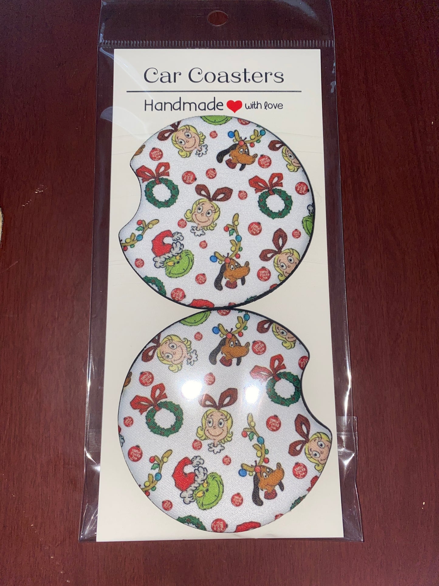 Green Christmas Print Car Coaster Set