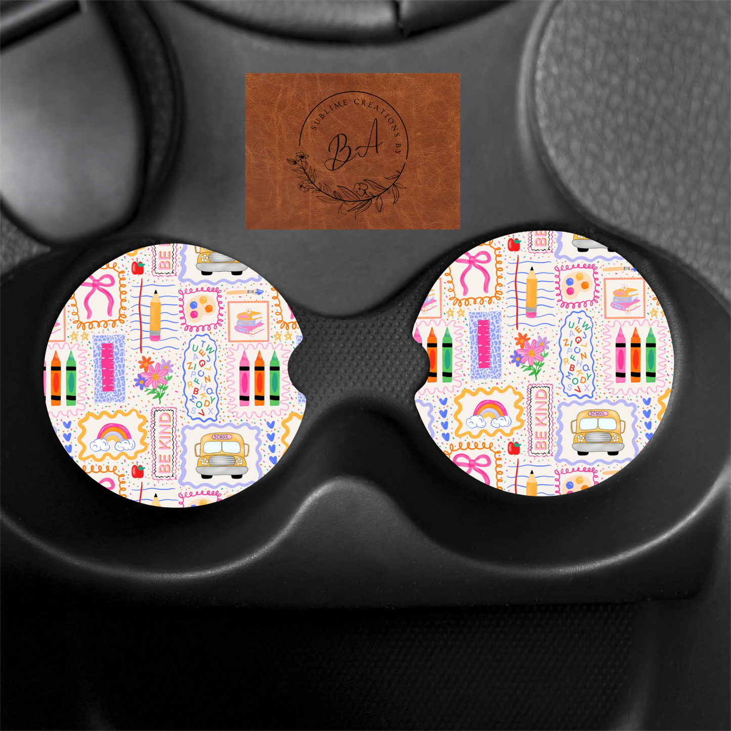 Teacher School Collage Seamless Print Car Coaster Set