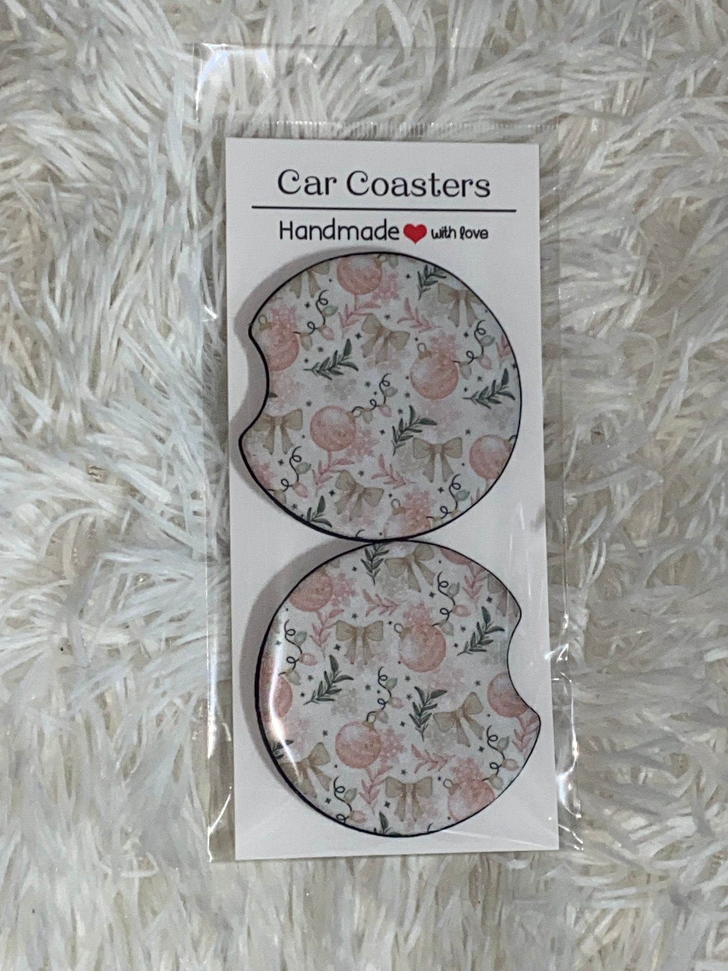 Pink Christmas Print Car Coaster Set