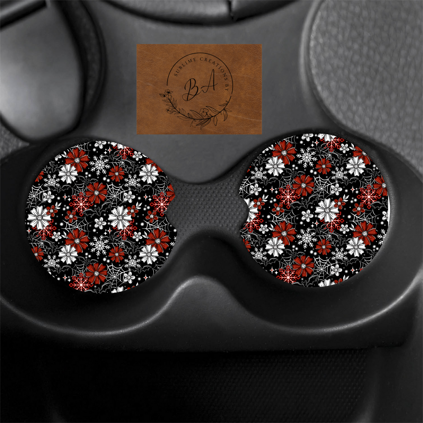 Red Floral Print Car Coaster Sets