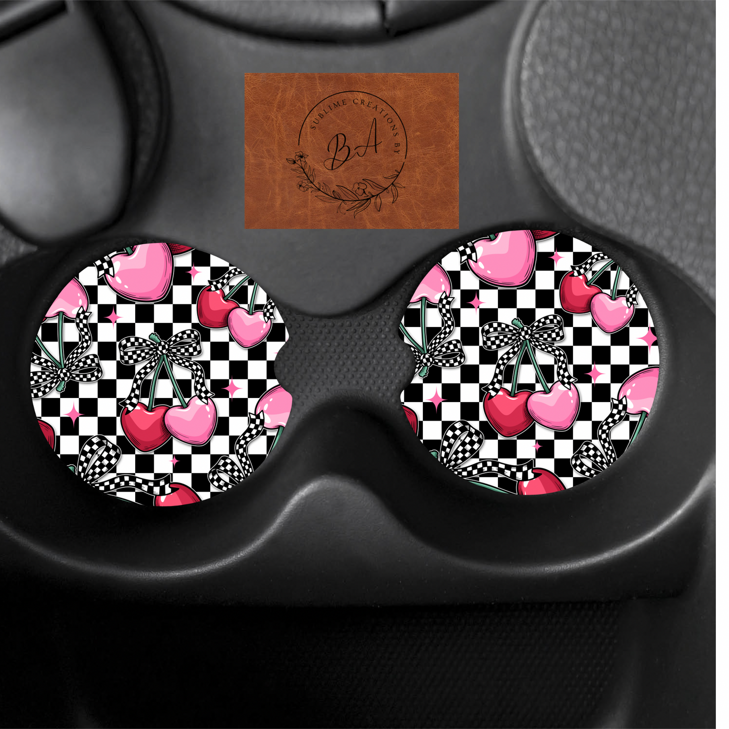 Checker Heart Cherries Seamless Print Car Coaster Set