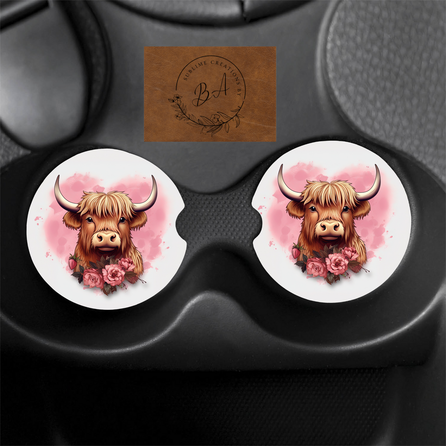 Hyland Cow Heart Print Car Coaster Set