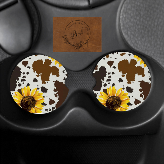 Sunflower Cow Print Car Coaster Set