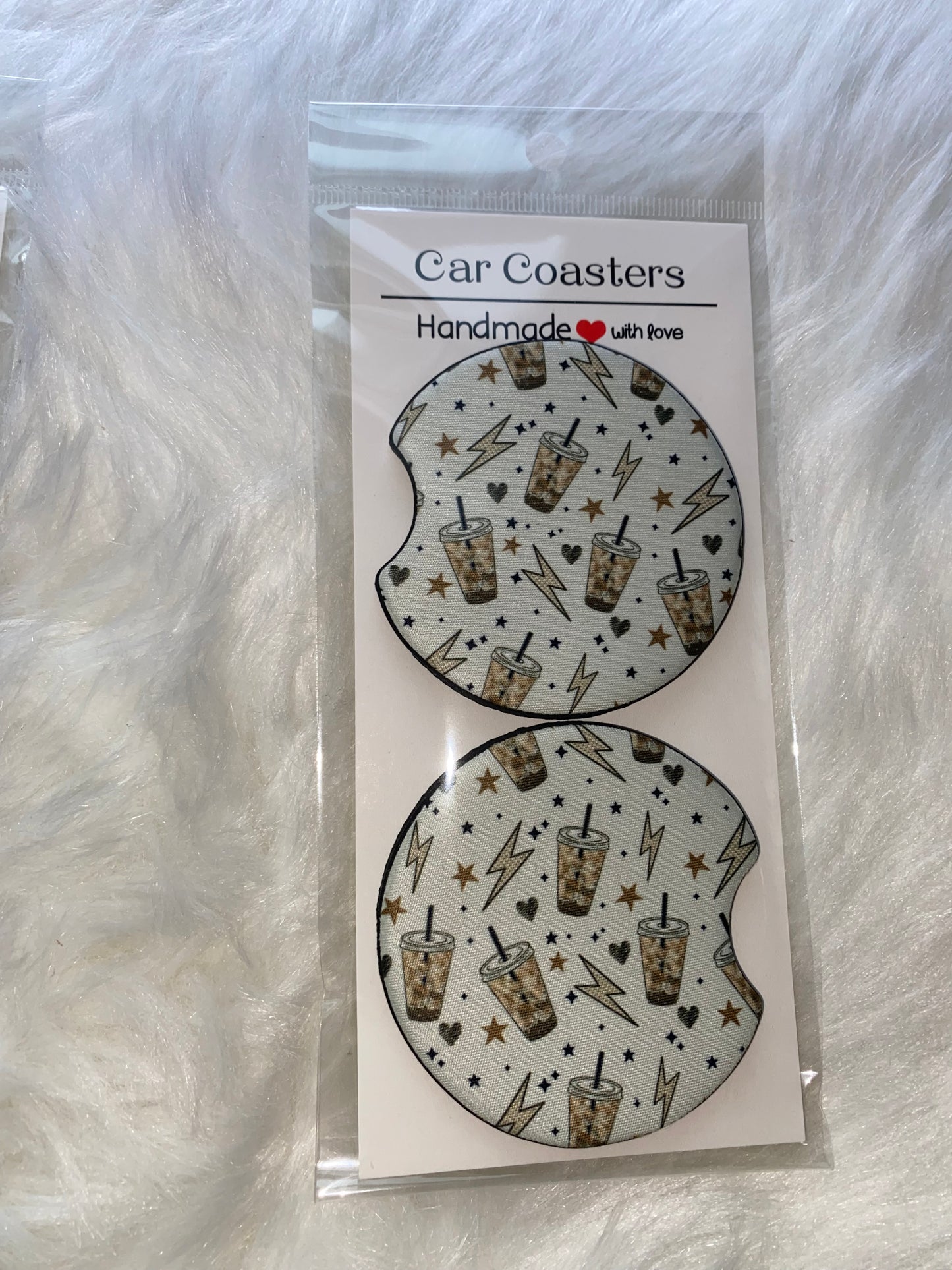 Tan Iced Coffee Seamless Print Car Coaster Set
