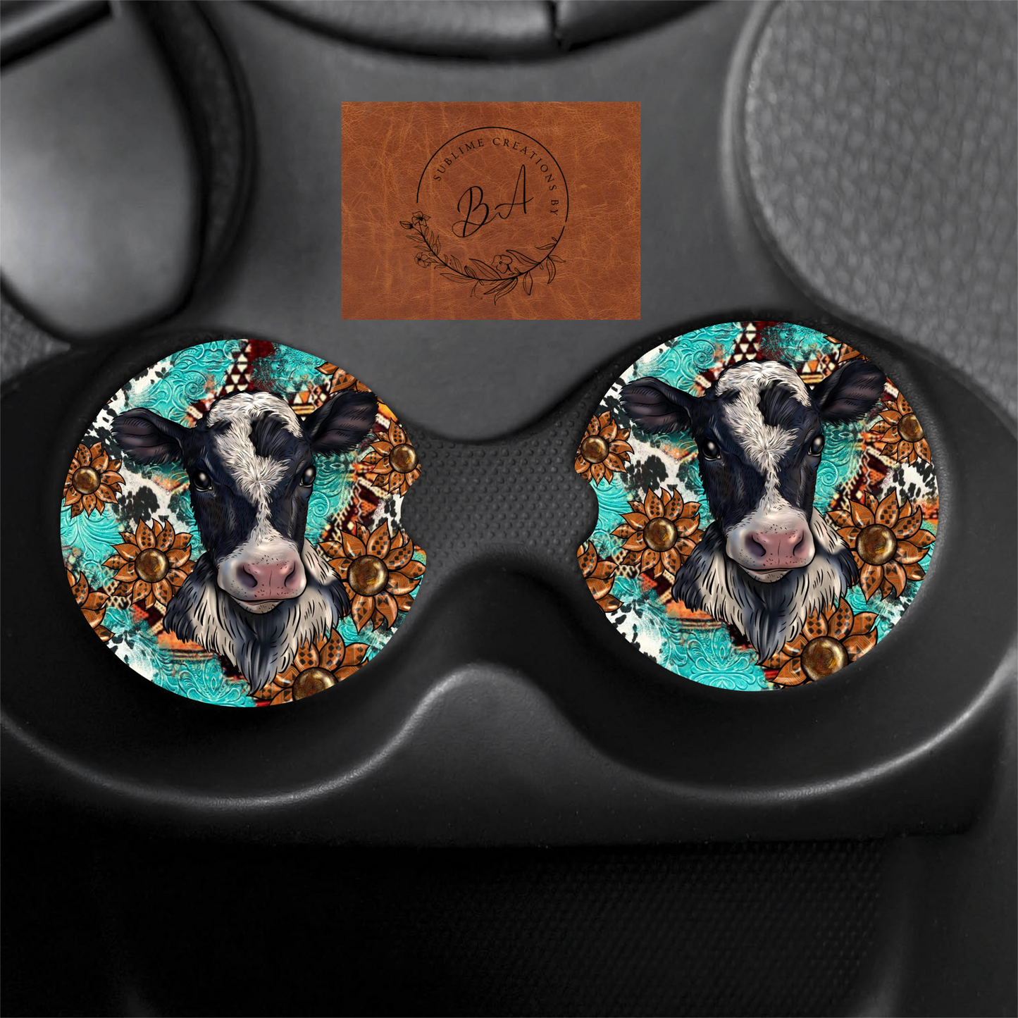 Cow Western Print Car Coaster Set