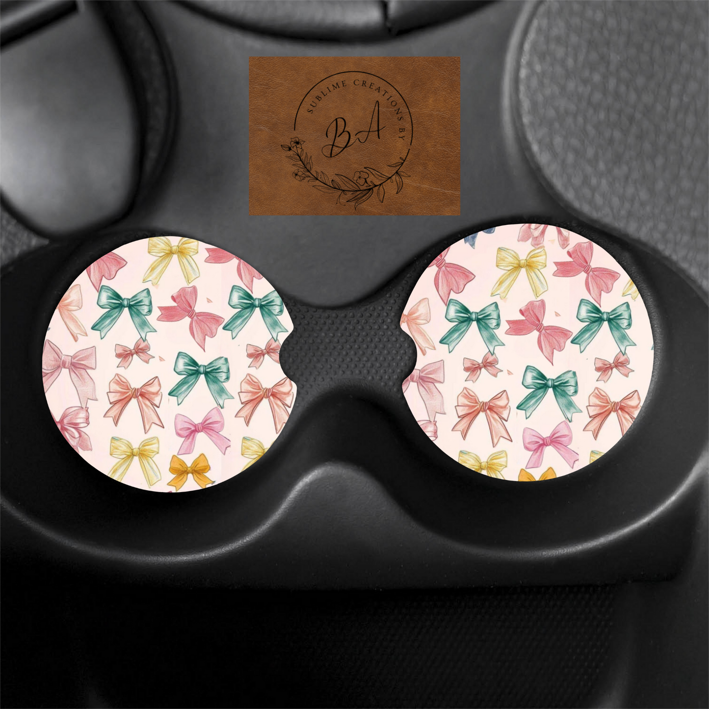 Colorful Bow Print Car Coaster Set
