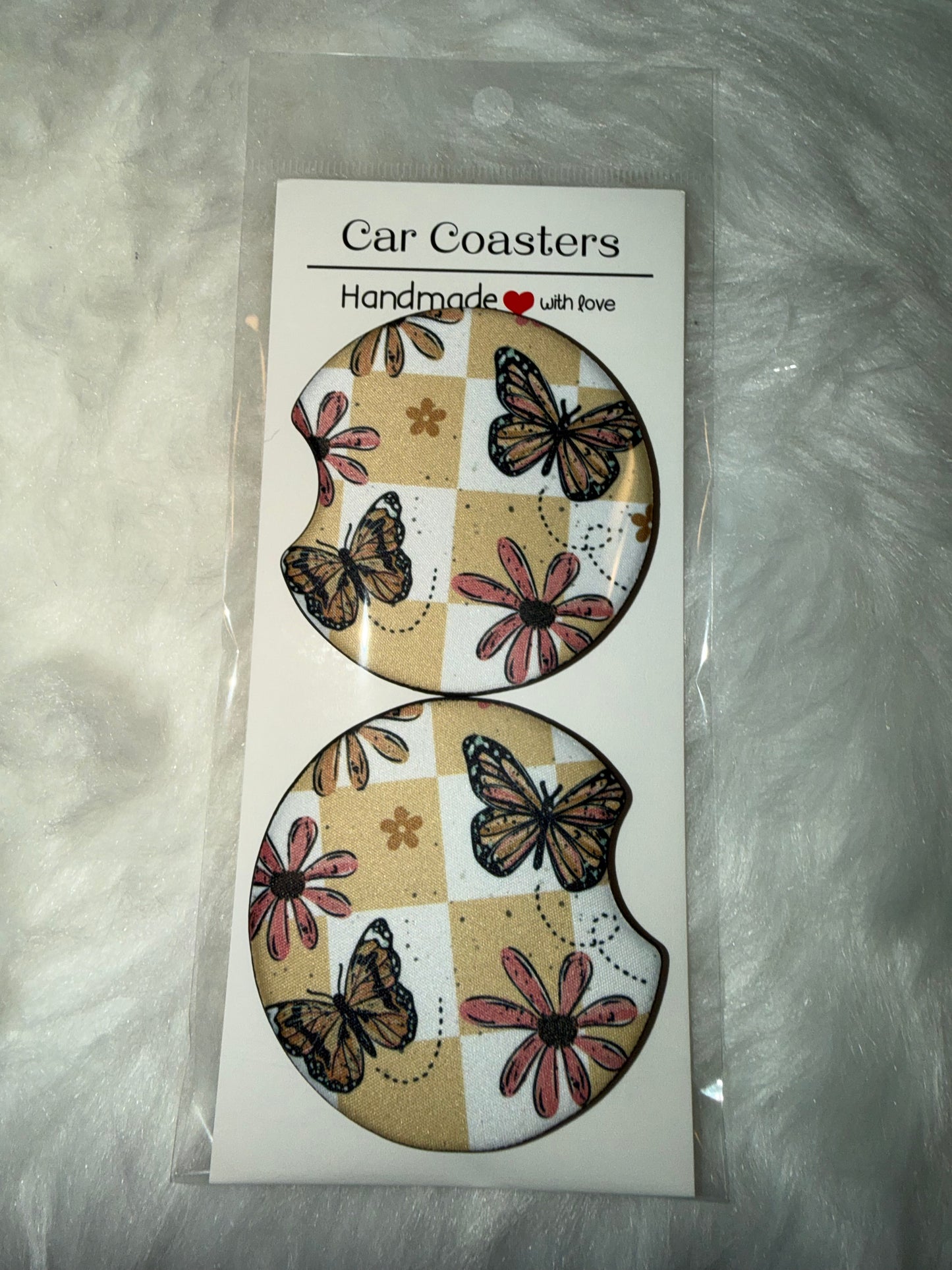 Checker Butterfly Seamless Print Car Coaster Set