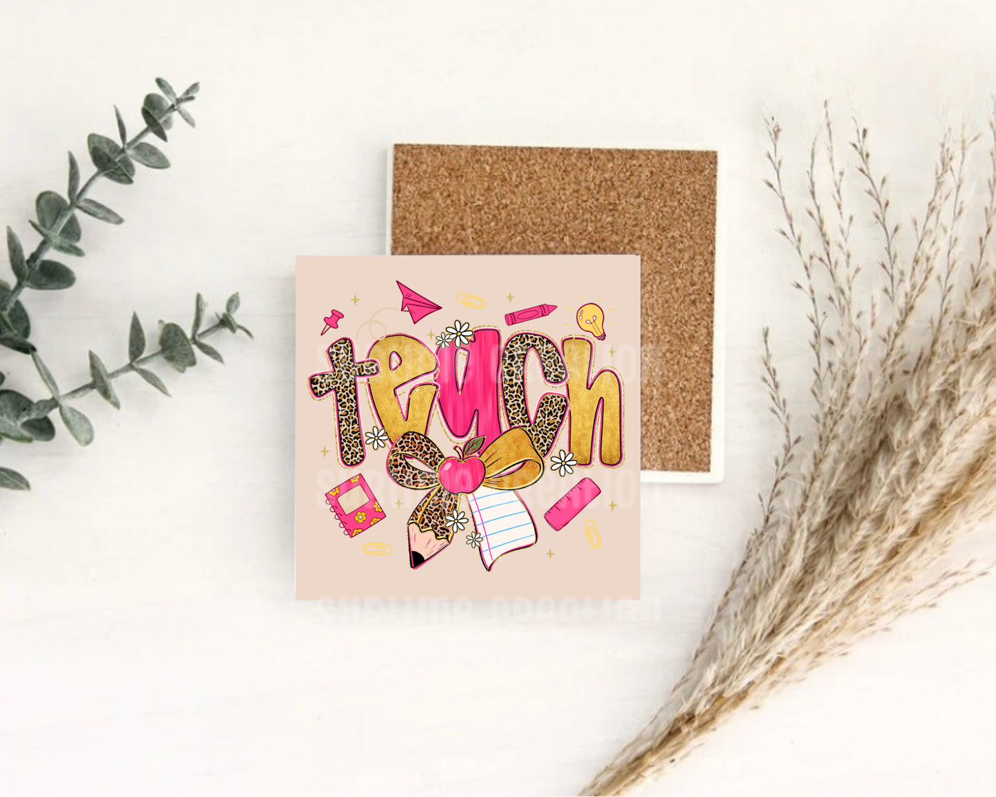 Preppy Leopard TEACH Desk Coaster