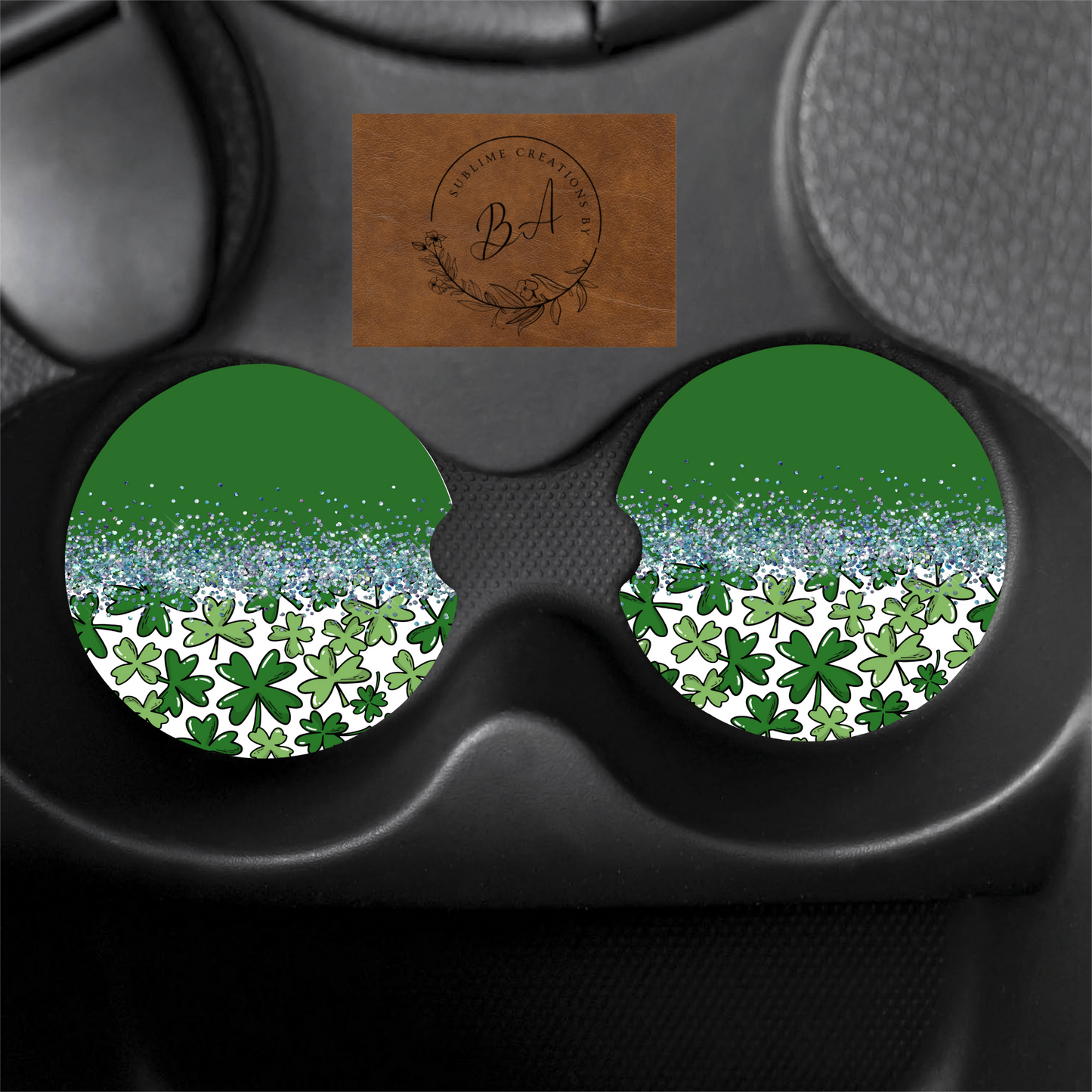 Glittered Shamrock Print Car Coaster Set