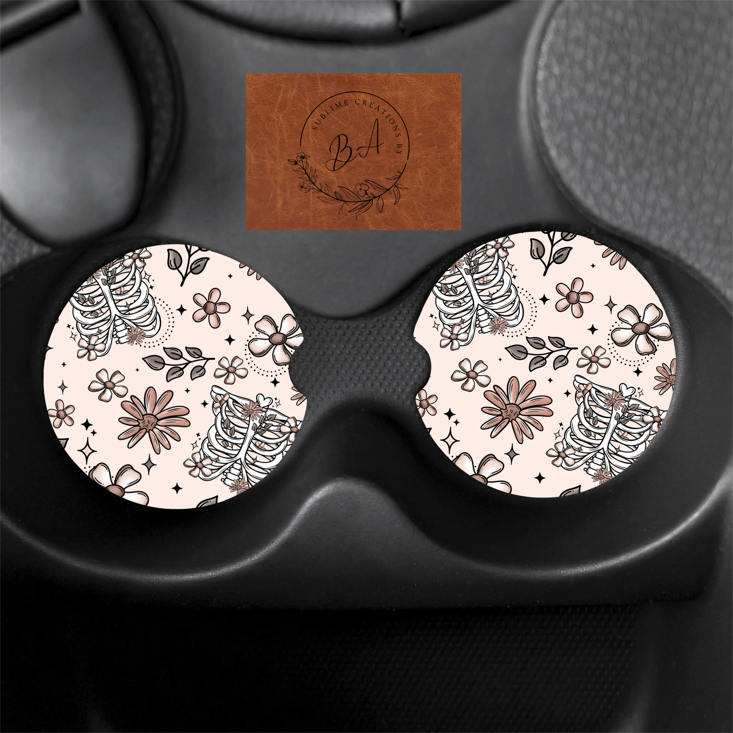 Floral Ribcage Print Car Coaster Set