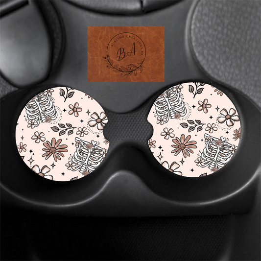 Floral Ribcage Print Car Coaster Set