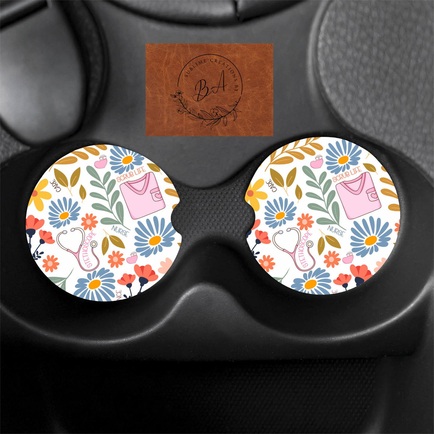 Floral Nurse Collage Print Car Coaster Set