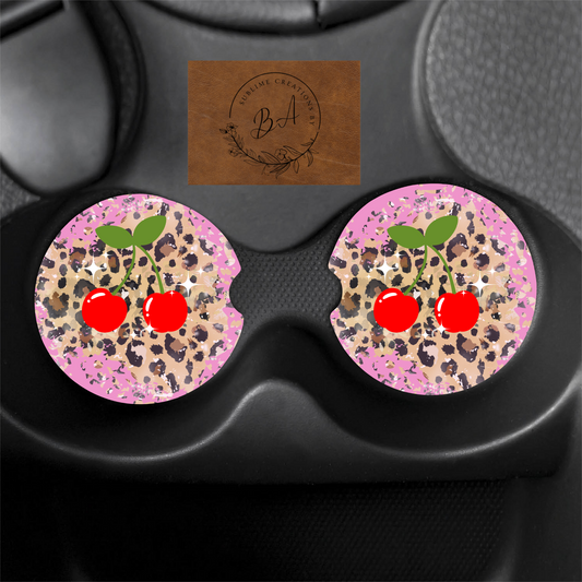 Sparkle Cherry Leopard Print Car CoasterSet