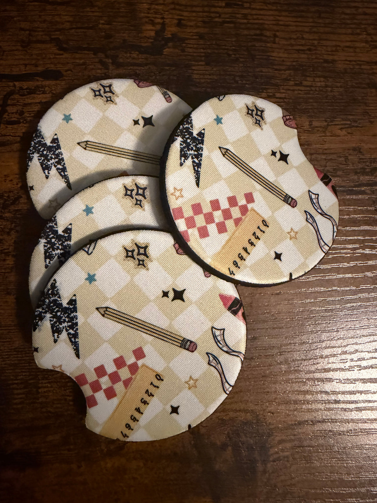 Caffeinate and Teach Seamless Car Coaster Sets