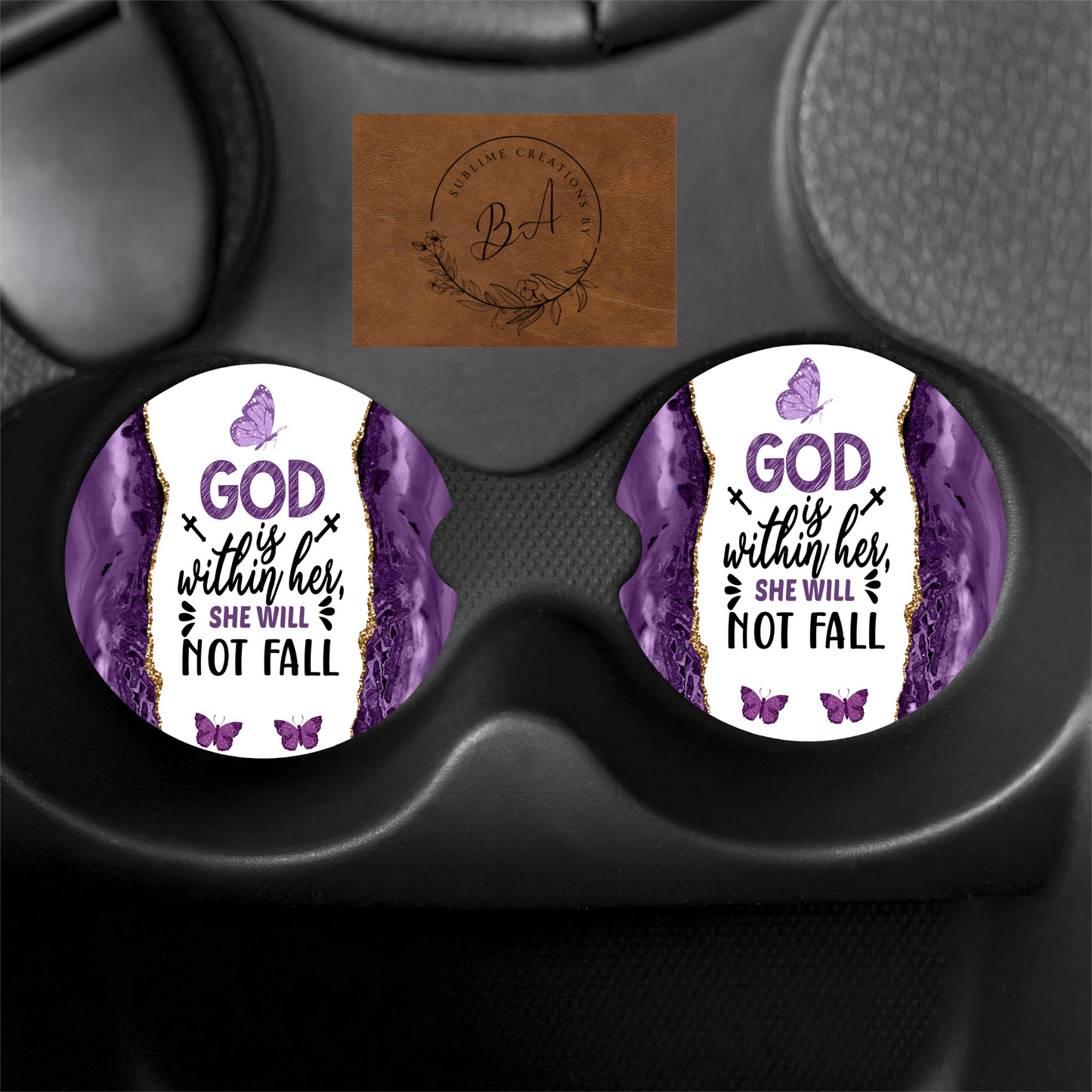 "God is within her" Print Car Coaster Set