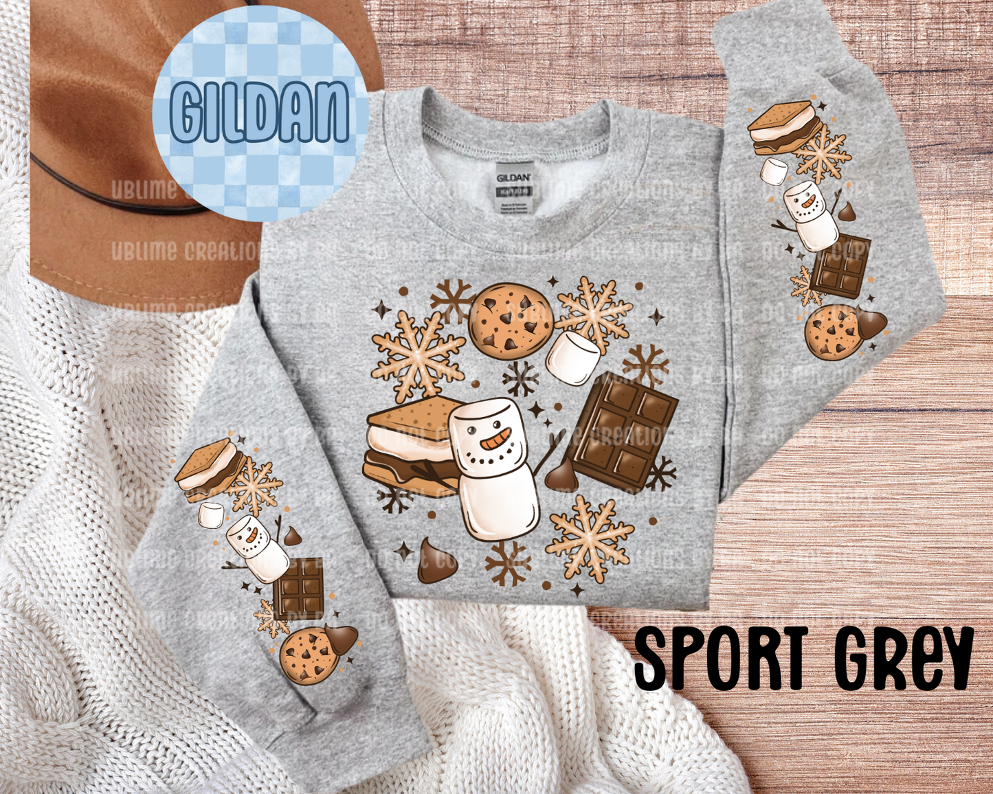 Snowman S'mores Collage Adult Sweatshirt with Sleeve Print
