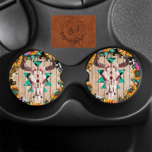 Skull Western Print Car Coaster Set