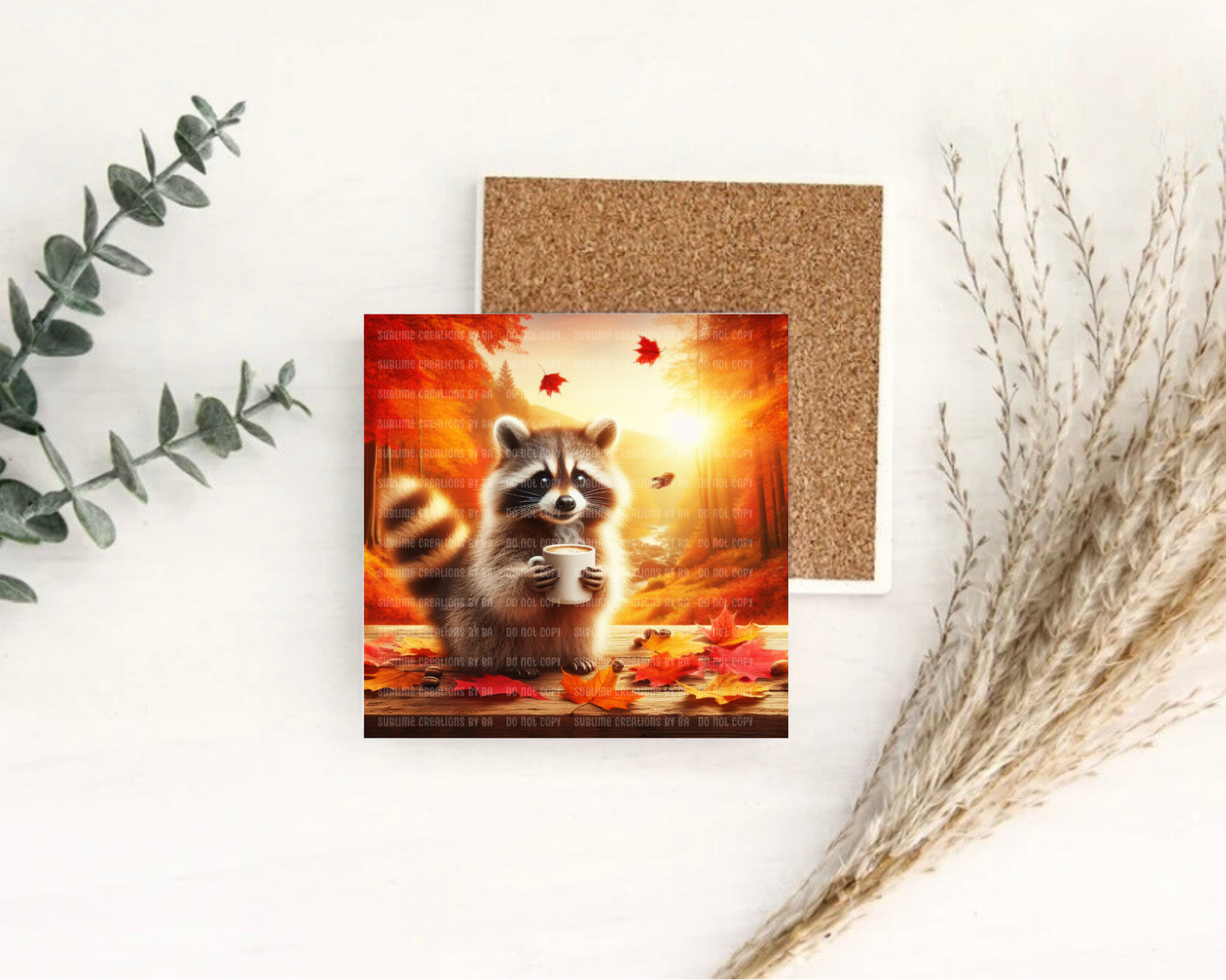 Autumn Raccoon Coffee Coaster Set