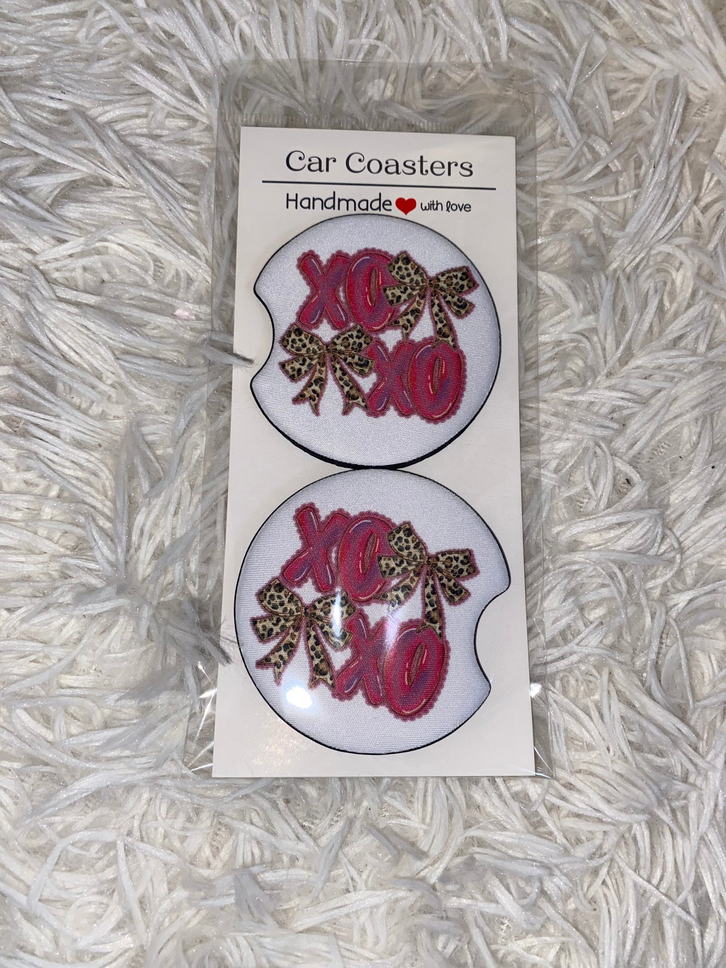 Pink Leopard Bow XOXO Print Car Coaster Set