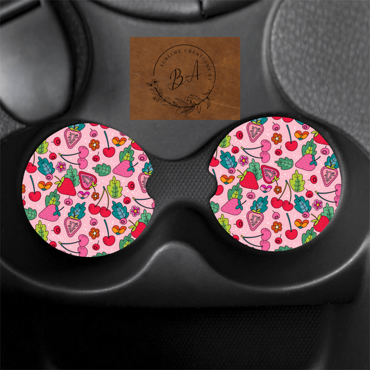 Strawberry/Cherry Print Car Coaster Set