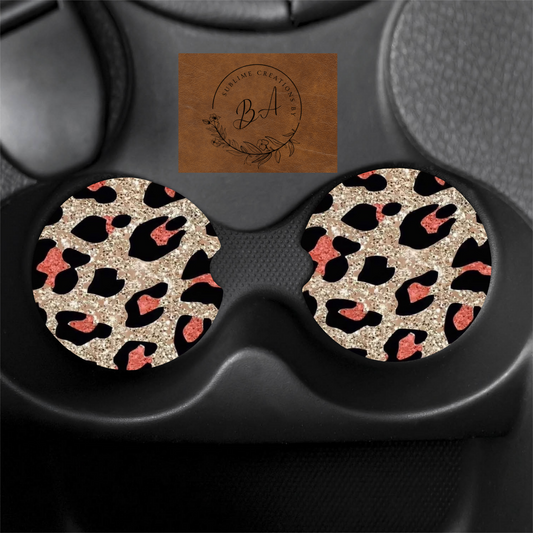 Pink Leopard Print Car Coaster Set