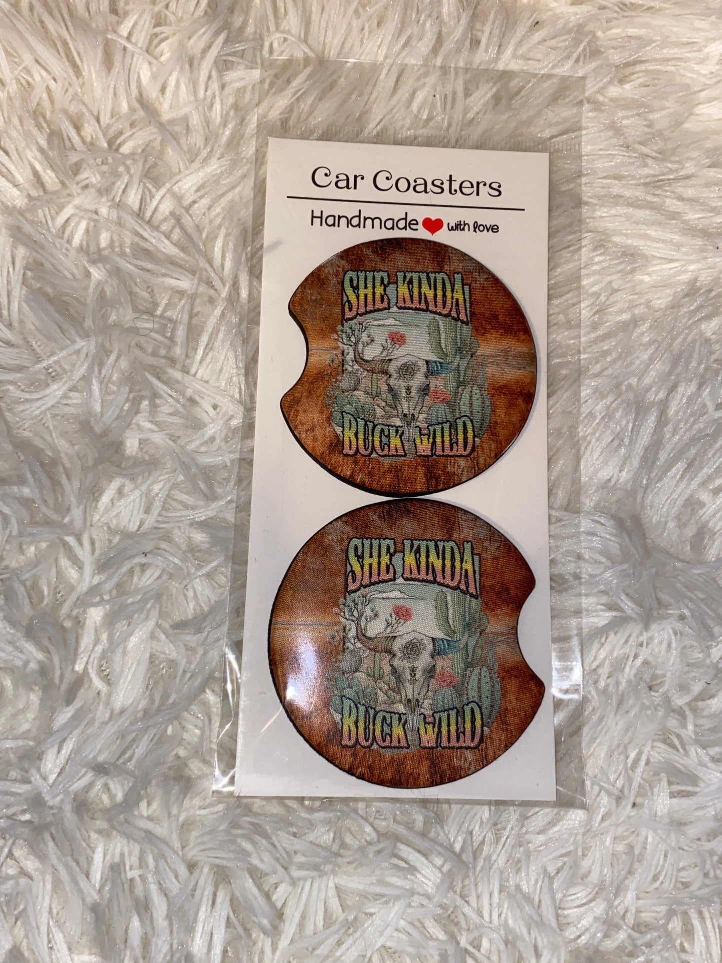 She Kinda Buck Wild Print Car Coaster Set
