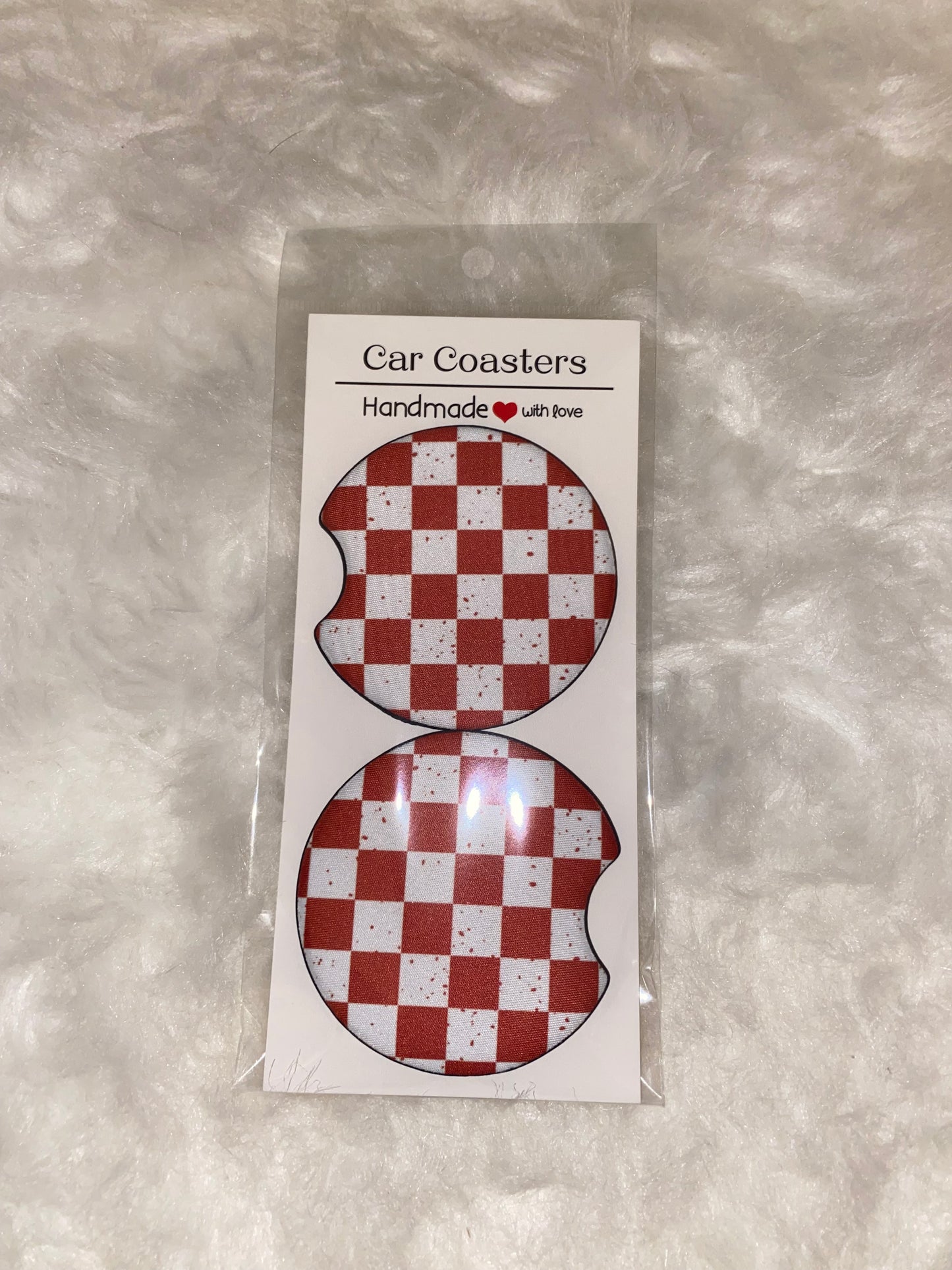 Red Checkered Seamless Print Car Coaster Set