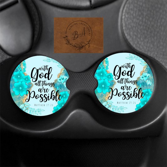 "With god all things are possible" Print Car Coaster Set