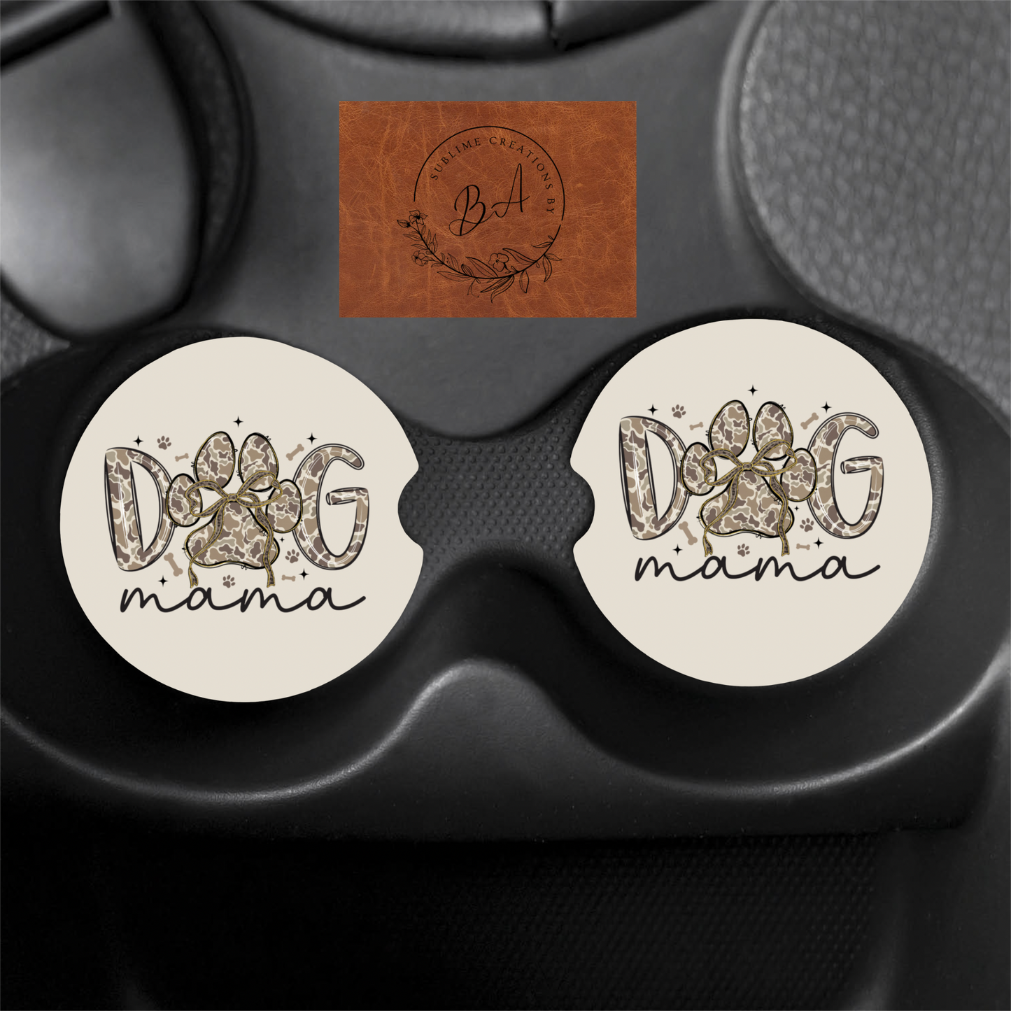Camo Dog Mama Print Car Coaster Set
