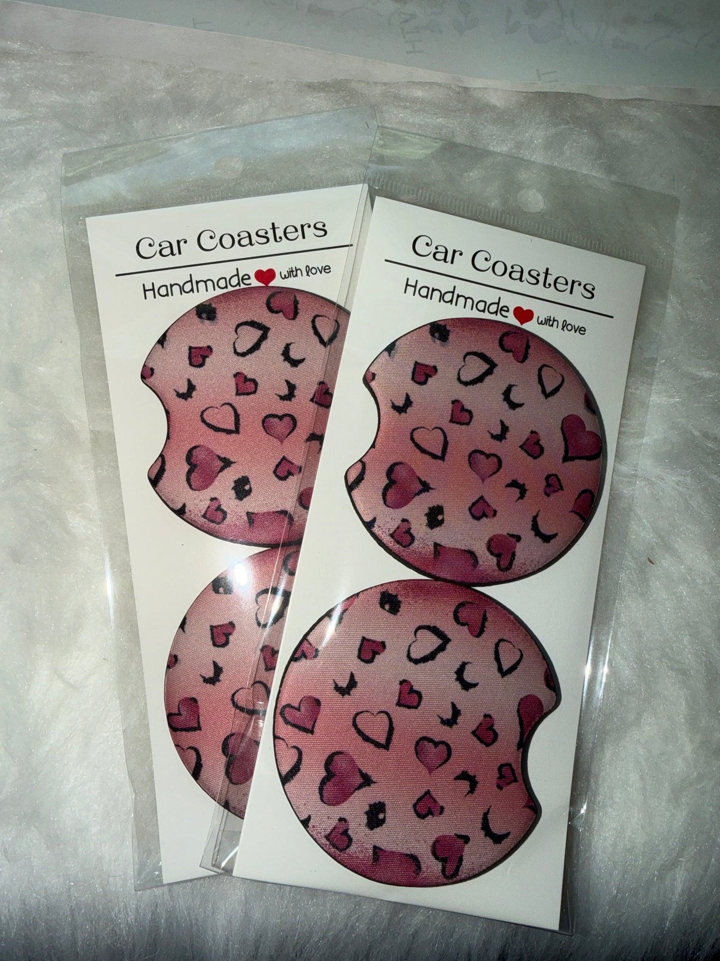 Pink Heart Leopard Print Car Coaster Set