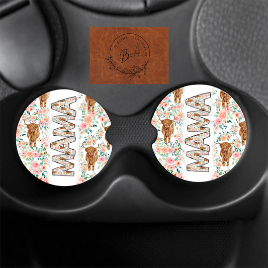 Mama Floral Cow Print Car Coaster Set