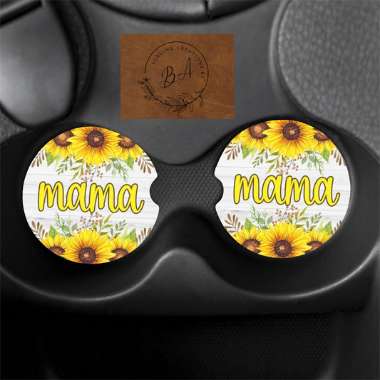 Mama Sunflower Print Car Coaster Set