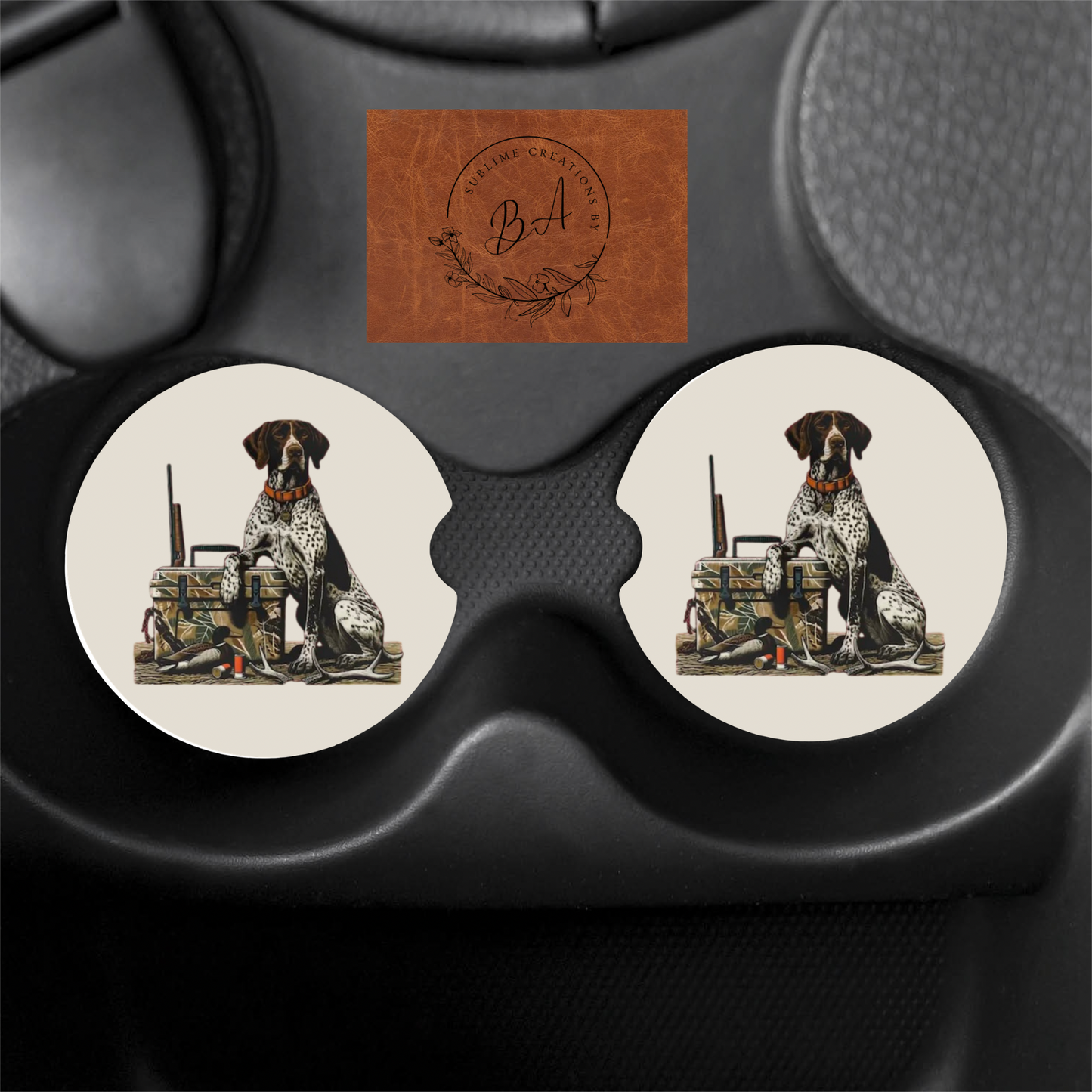 German Pointer Hunting Dog Print Car Coaster Set