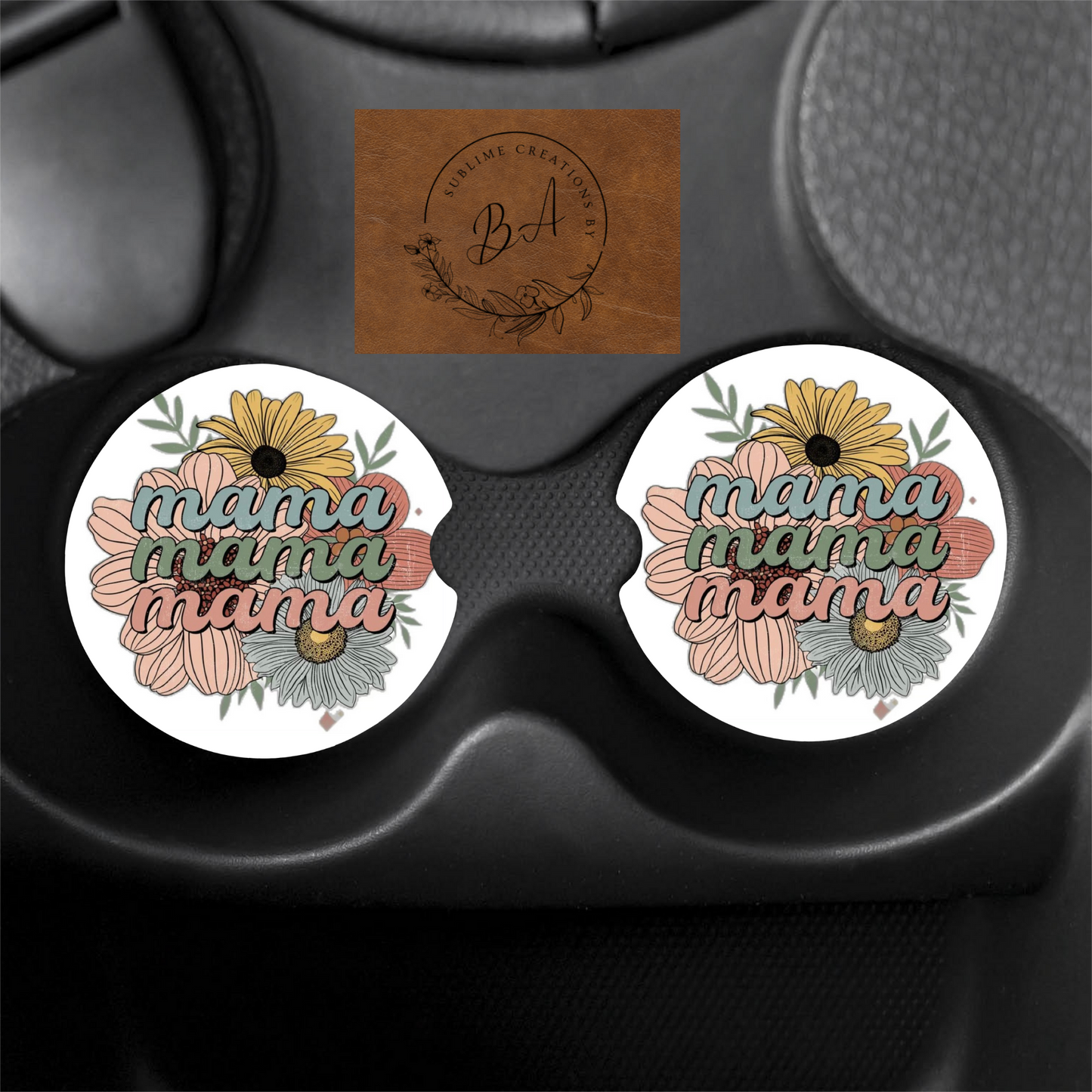 Mama Flowered Print Car Coaster Set