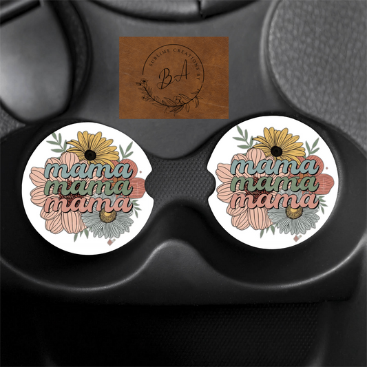 Mama Flowered Print Car Coaster Set