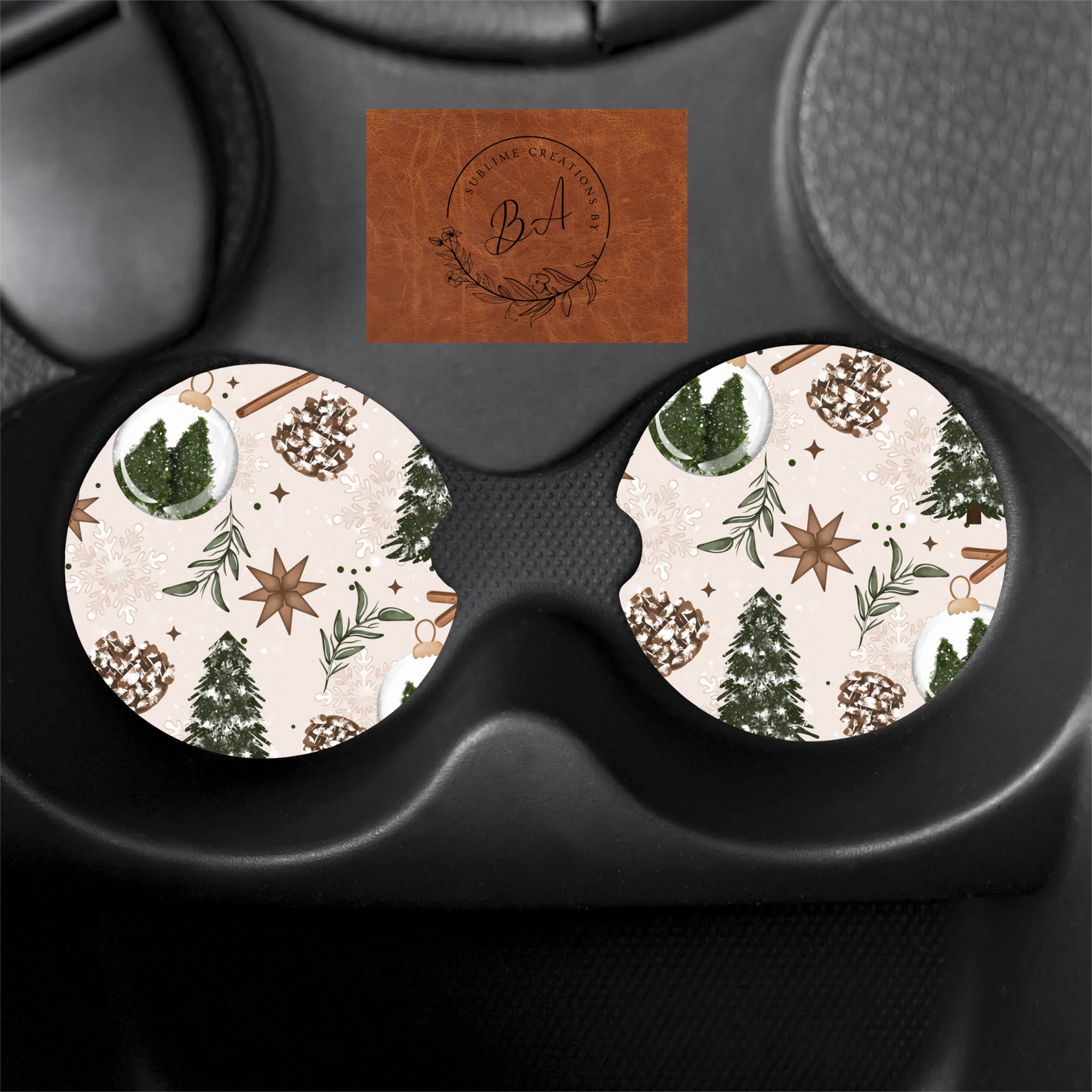 Cinnamon Trees Print Car Coaster Set