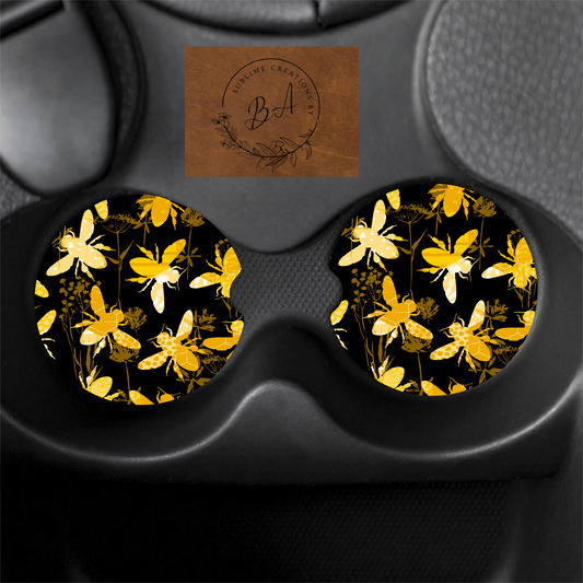 Black/Yellow Bumble Bee Print Car Coaster Set