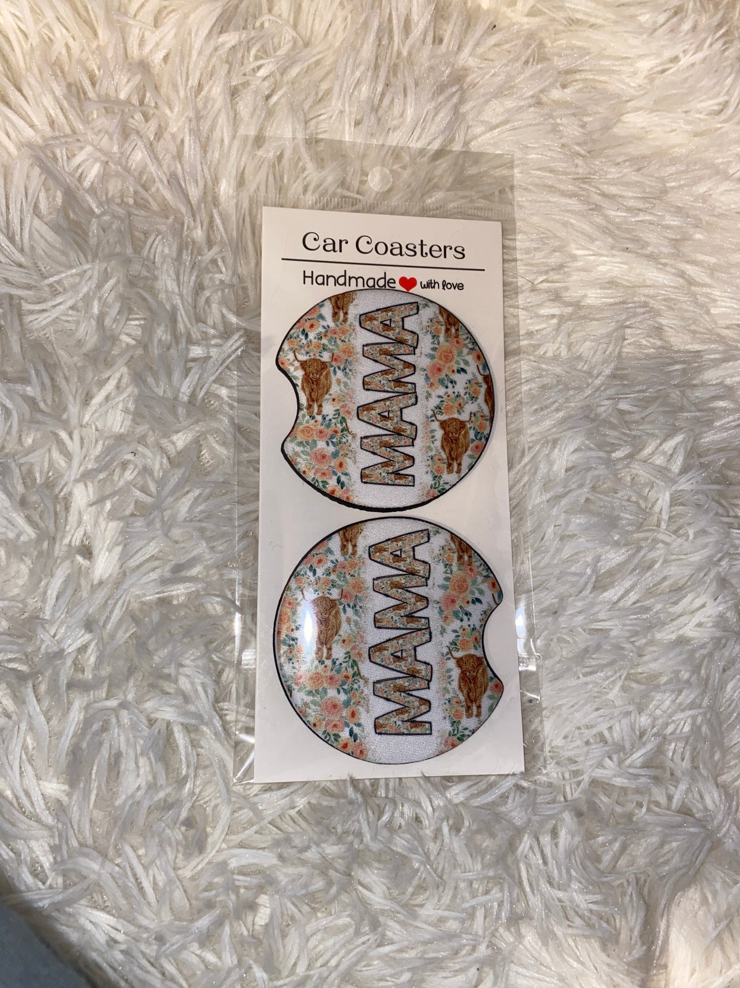 Mama Floral Cow Print Car Coaster Set